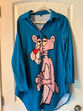 Blue Button-Down Shirt with Pink Panther Graphic